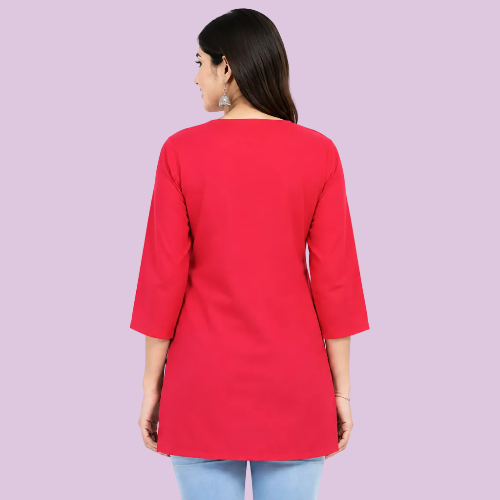 Women’s Red Embroidered-Style Kurti with Floral Front Design