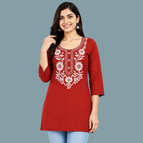 Women's red floral embroidered kurti with 3/4 sleeves and detailed necklineWomen's red floral embroidered kurti with 3/4 sleeves and detailed neckline
