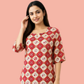 Women's red and cream geometric printed cotton free size short kurti with V-neck and 3/4 sleeves