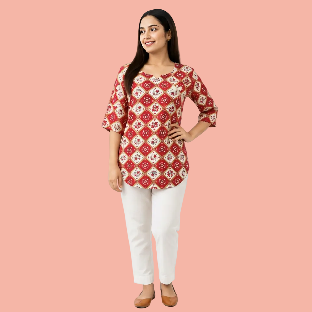 A woman modeling a red and cream patterned kurta with three-quarter sleeves, paired with white pants, against a plain white background.