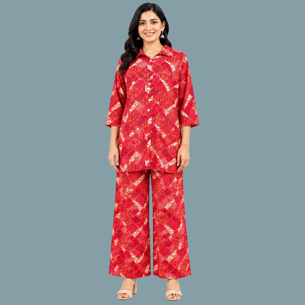 Women’s red printed co-ord set with 3/4 sleeve tie-waist top and matching wide-leg pants