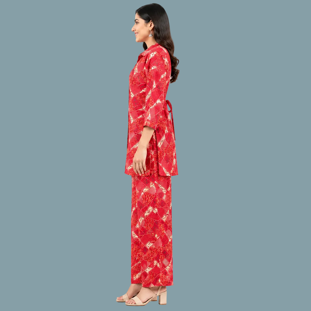 Women’s Red Printed Co-Ord Set with Tie-Waist Top & Wide-Leg Pants