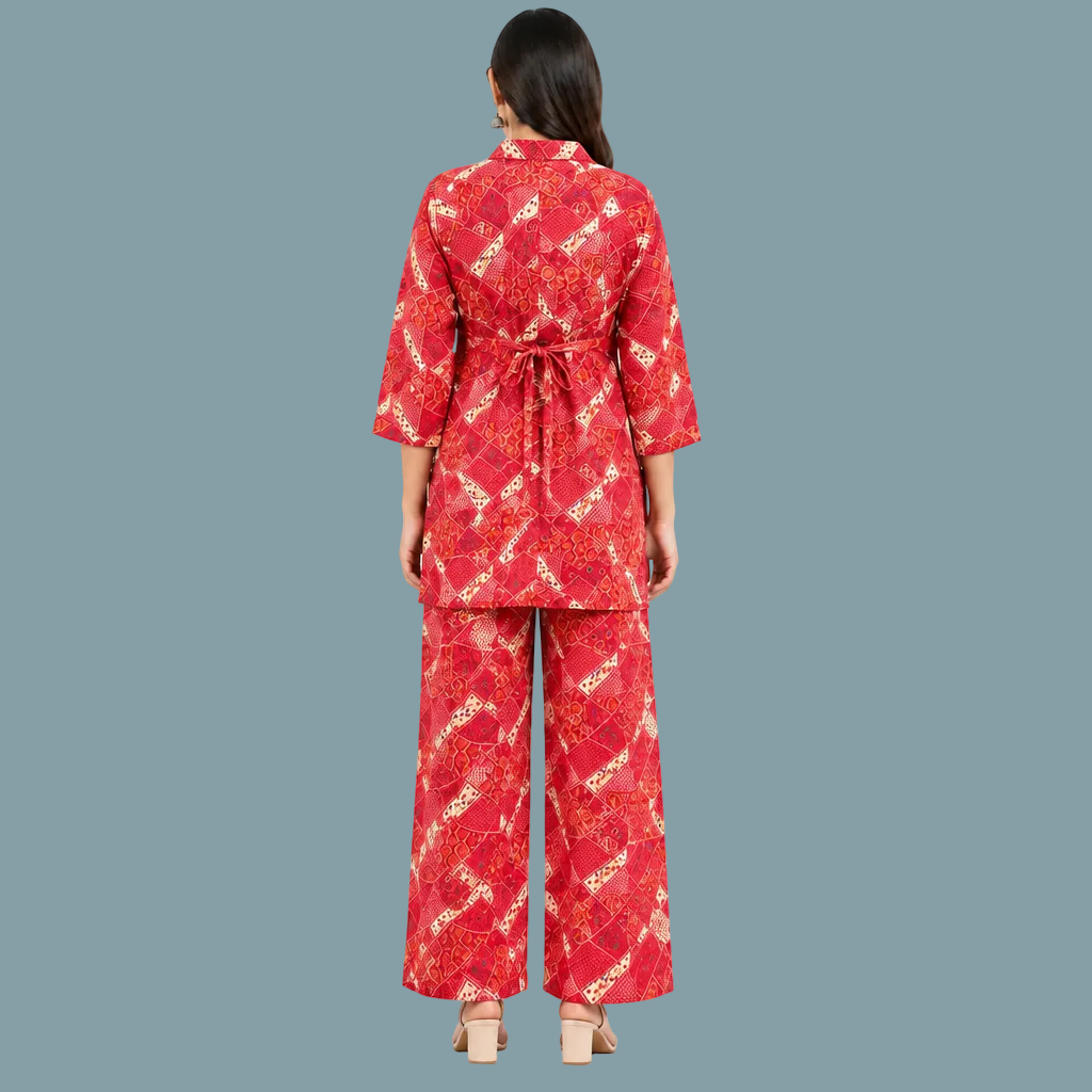 Women’s Red Printed Co-Ord Set with Tie-Waist Top & Wide-Leg Pants