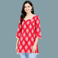 Women’s Red Floral Printed Cotton Kurti | Stylish Square Neck 3/4 Sleeve Top