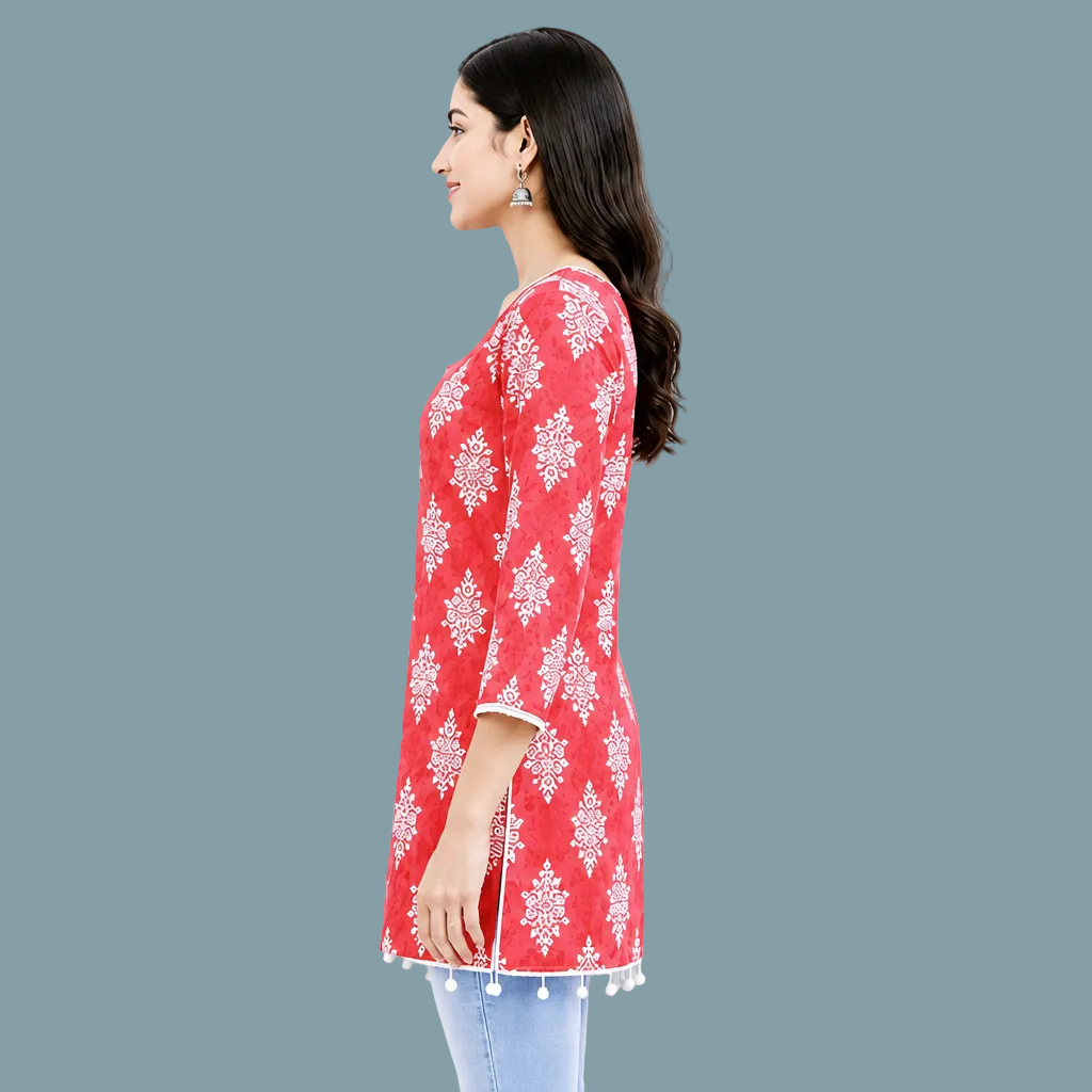 Women’s Red Floral Printed Cotton Kurti | Stylish Square Neck 3/4 Sleeve Top