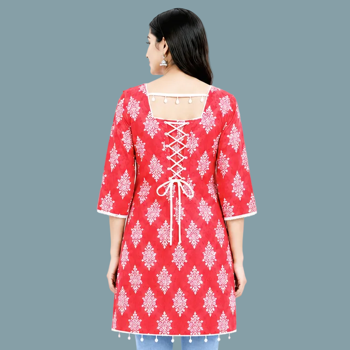 Women’s Red Floral Printed Cotton Kurti | Stylish Square Neck 3/4 Sleeve Top