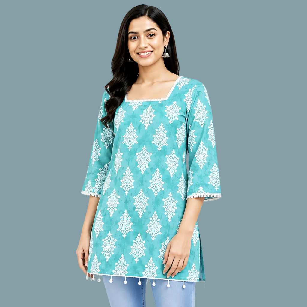 Women's Turquoise Blue Printed Kurti with Square Neck & Tassel Hem