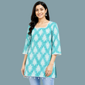 Women's Turquoise Blue Printed Kurti with Square Neck & Tassel Hem