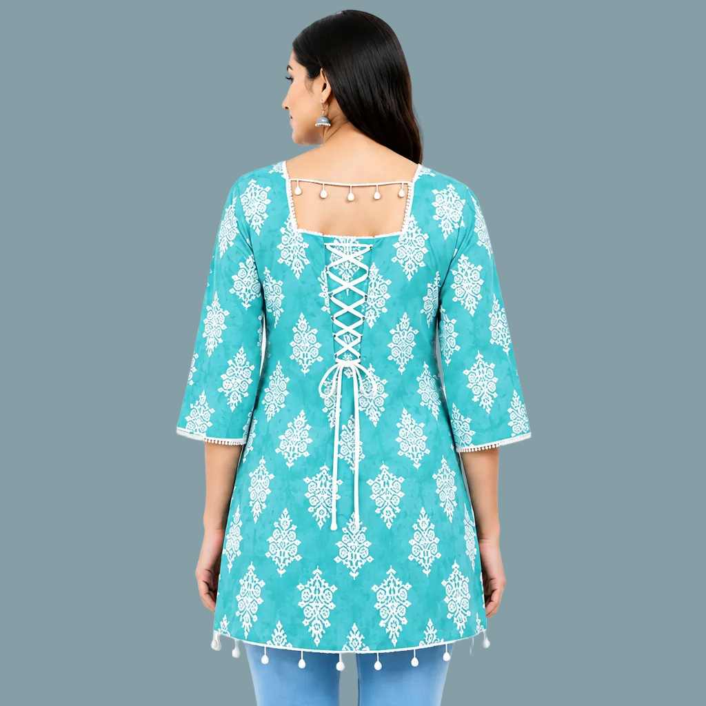 Women's Turquoise Blue Printed Kurti with Square Neck & Tassel Hem