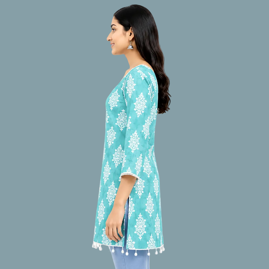 Women's Turquoise Blue Printed Kurti with Square Neck & Tassel Hem