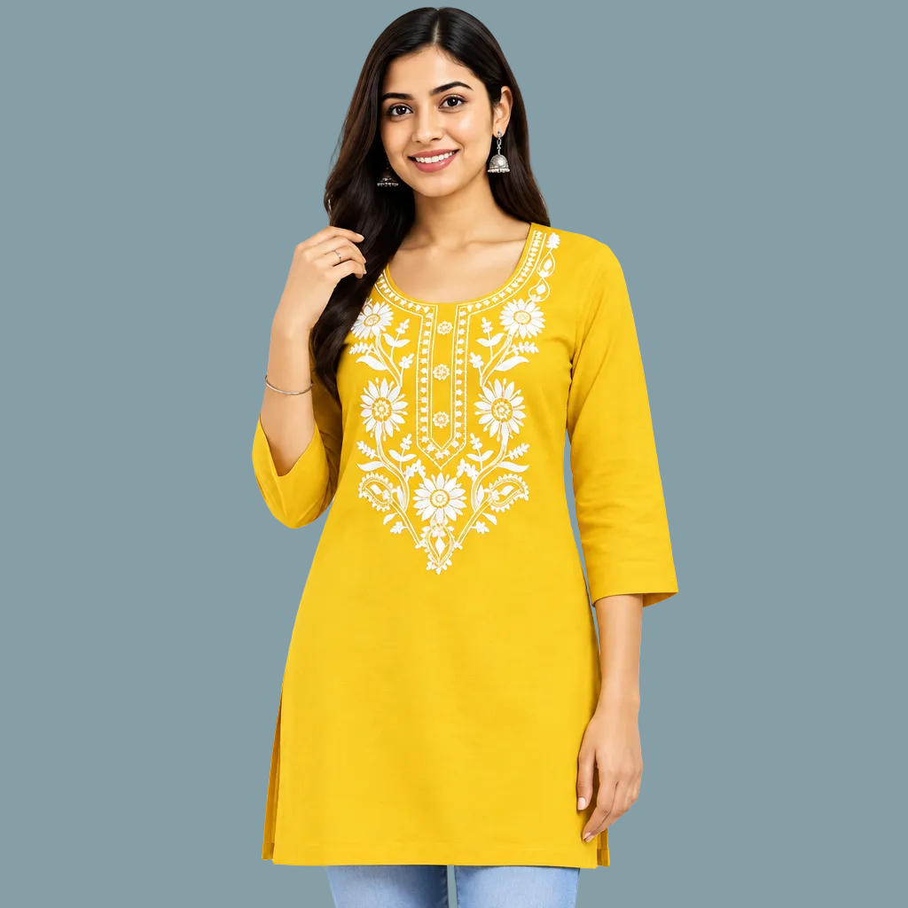 Women's yellow floral embroidered kurti with 3/4 sleeves and detailed neckline