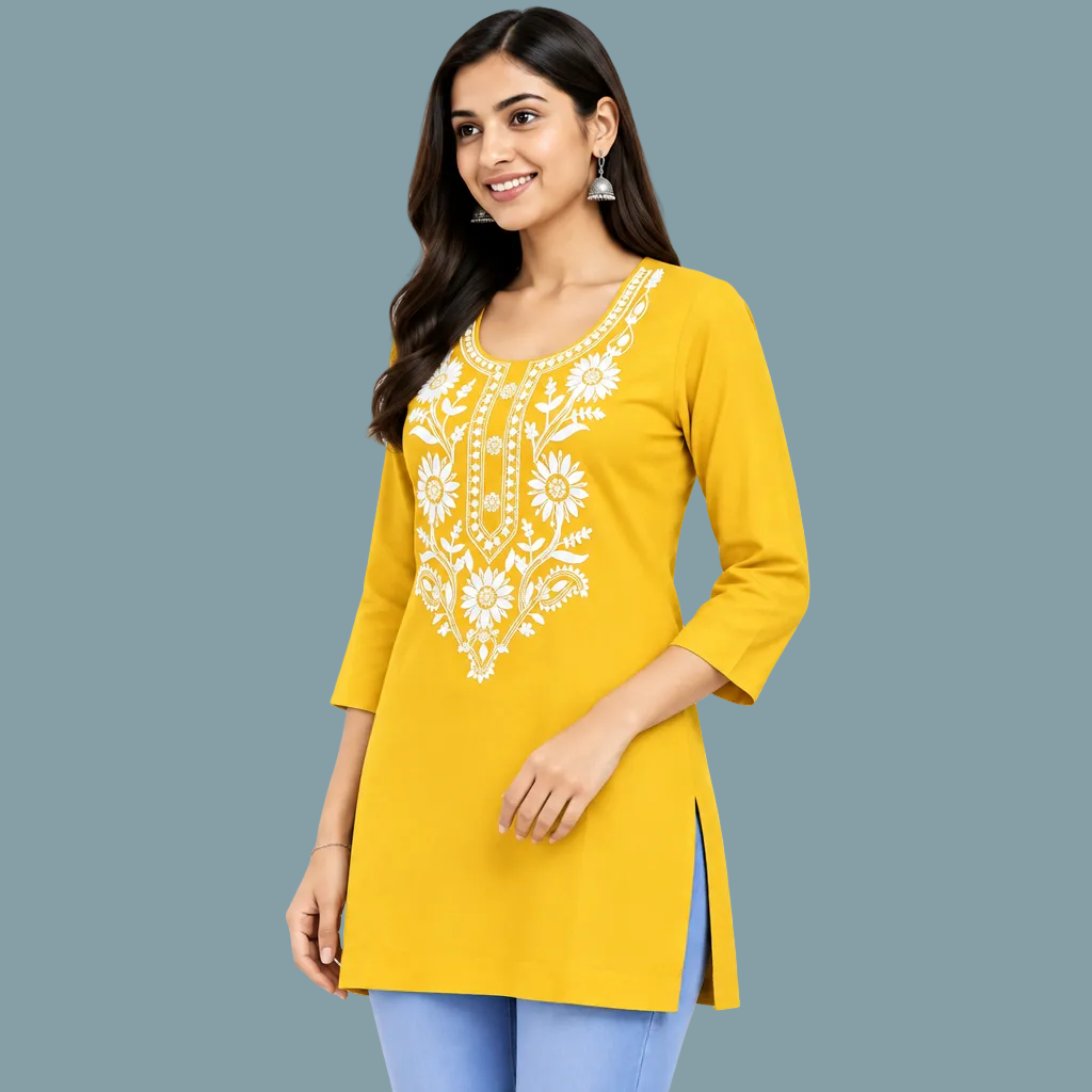 Women’s Yellow Floral Printed Cotton Kurti – Stylish Everyday Ethnic Wear
