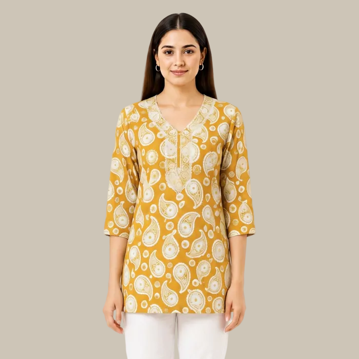 Women's Mustard Yellow Paisley Printed Cotton Short Kurti with Embroidered V-Neck, Free Size Casual Daily Wear Tunic Top
