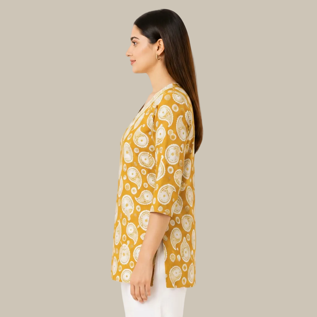 A woman shown in side profile wearing a mustard yellow tunic top with a white paisley pattern, paired with white pants, against a plain white background.