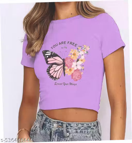 Women's Graphic Printed Crop T-Shirt Combo Pack of 4 | Cotton Blend Casual Short Sleeve Crop Tops