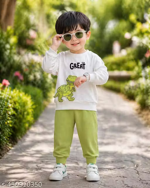 Boys & Girls Cotton Hosiery Dinosaur Printed Co-Ord Set | Full Sleeve Sweatshirt & Jogger Pants