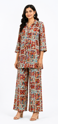 Women’s Multicolor Printed Co-Ord Set with Collared Top & Wide-Leg Pants
