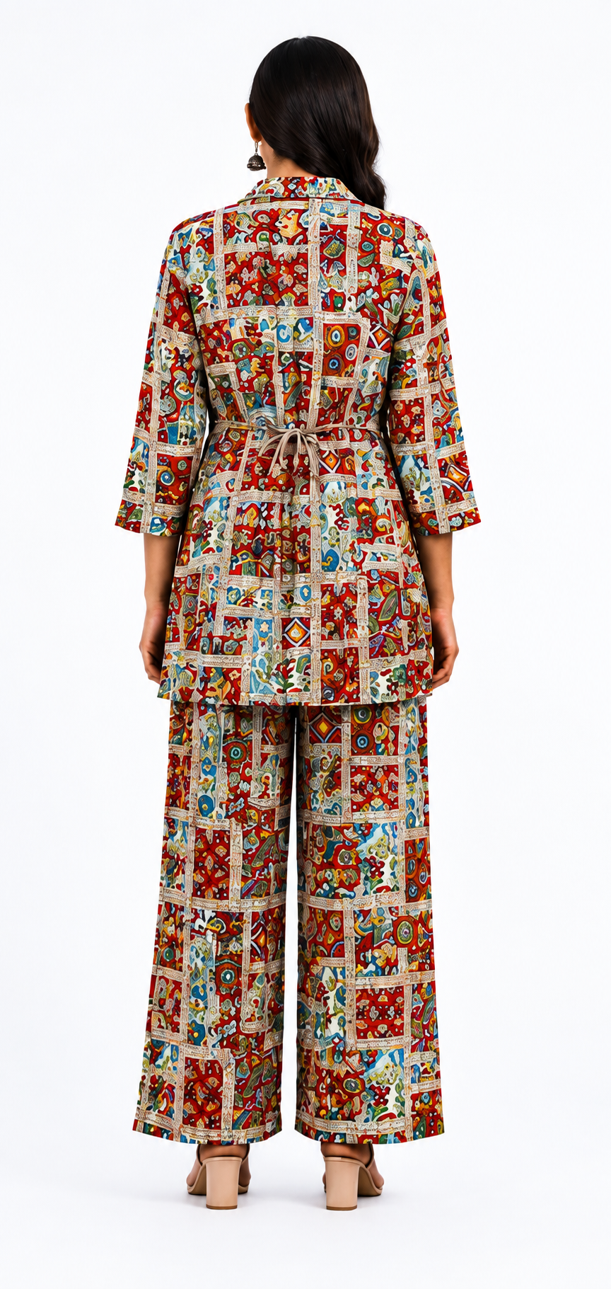 Women’s Multicolor Printed Co-Ord Set with Collared Top & Wide-Leg Pants
