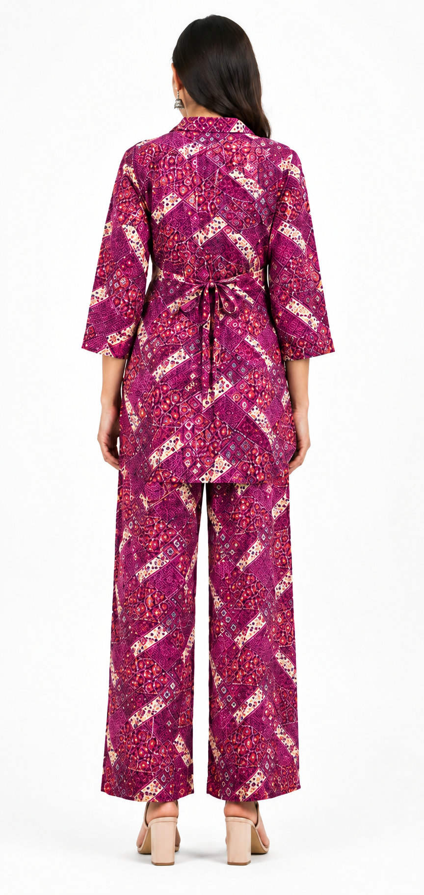Women’s Magenta Printed Cotton Co-Ord Set | Stylish Shirt & Wide-Leg Pant Set