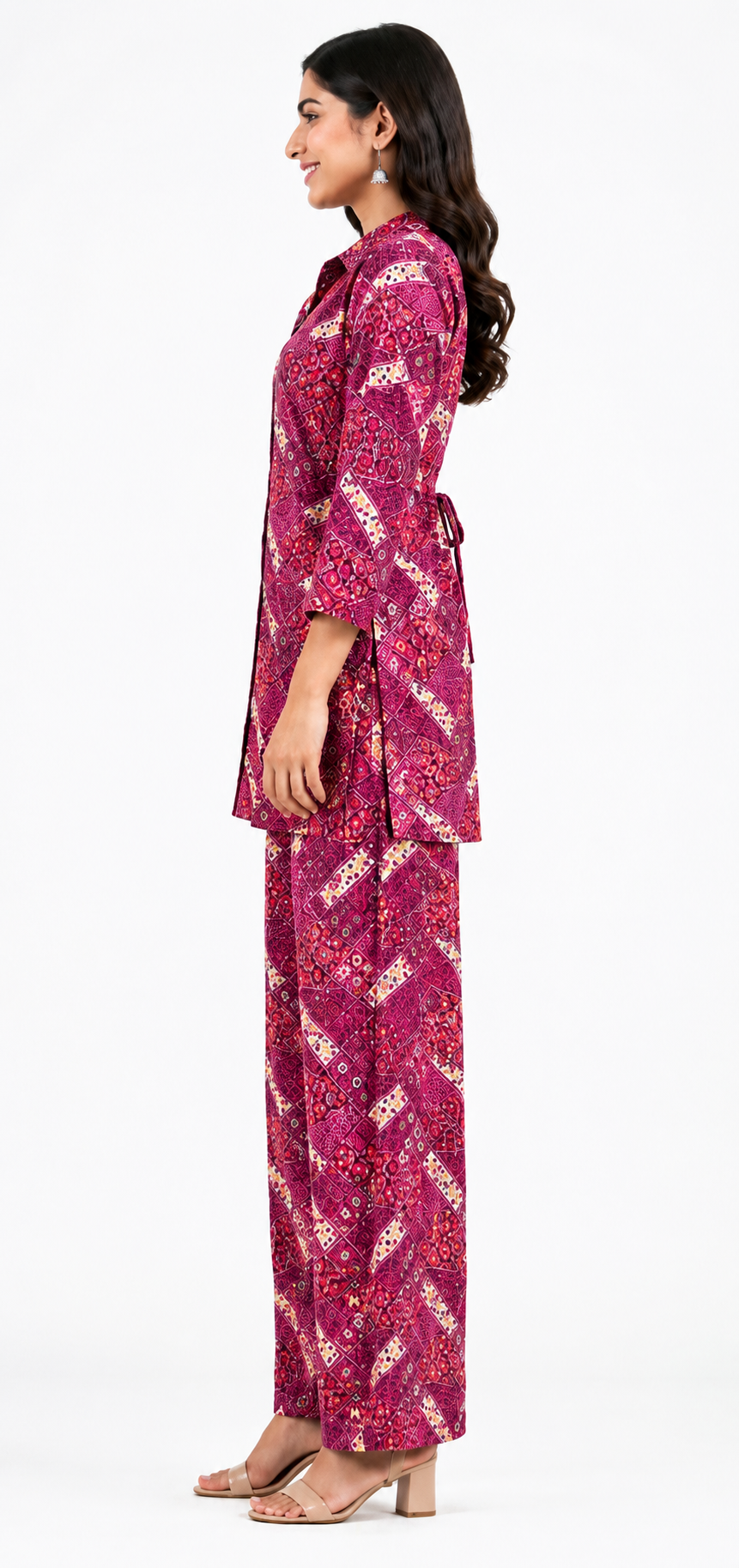 Women’s Magenta Printed Cotton Co-Ord Set | Stylish Shirt & Wide-Leg Pant Set