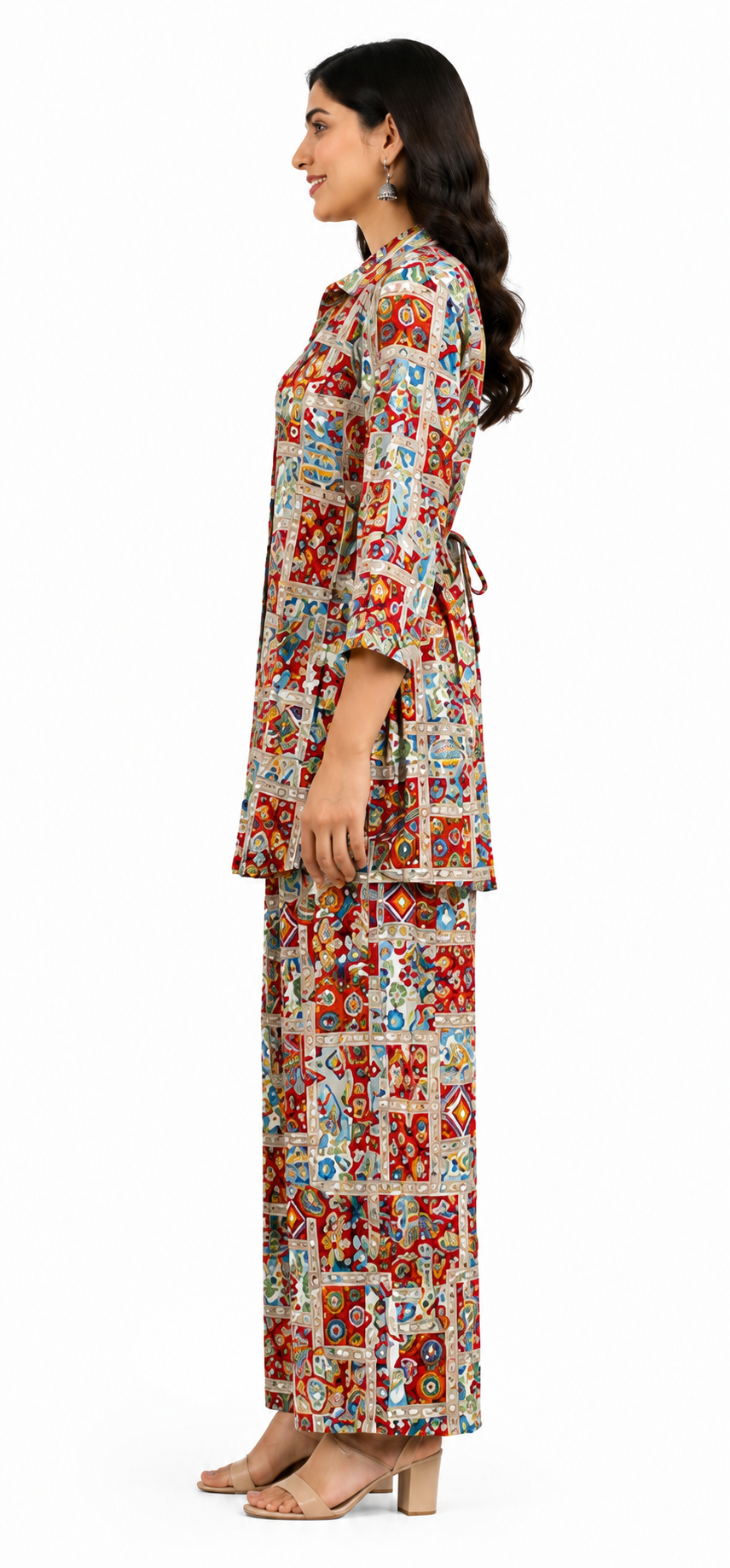 Women’s Multicolor Printed Co-Ord Set with Collared Top & Wide-Leg Pants