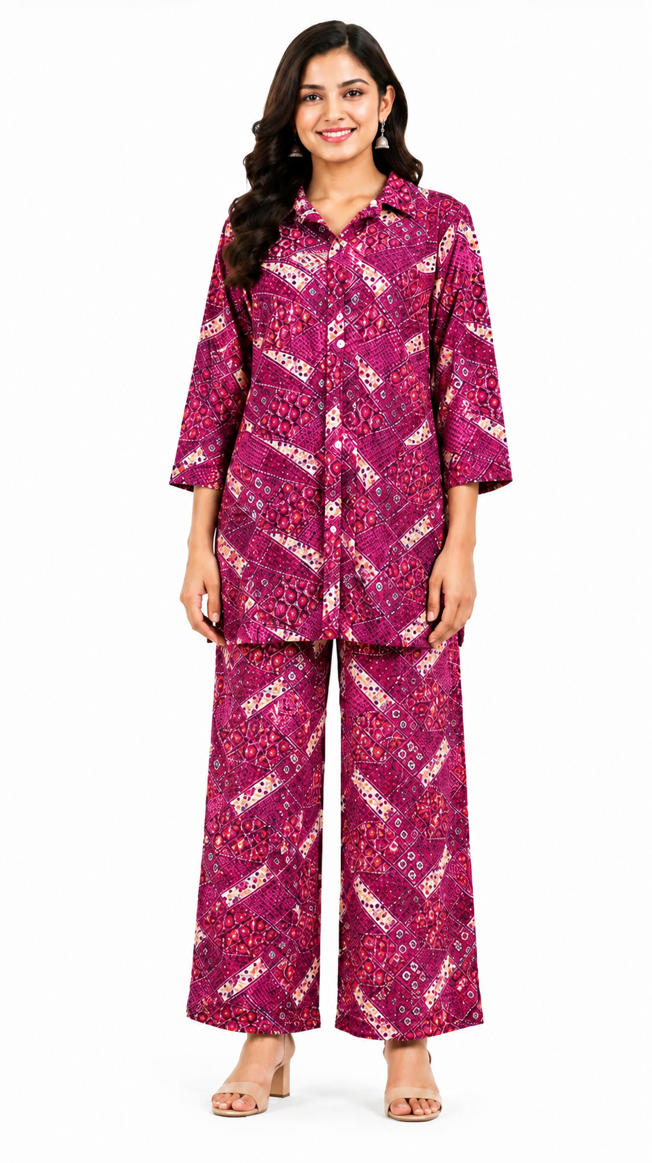 Women’s Magenta Printed Cotton Co-Ord Set | Stylish Shirt & Wide-Leg Pant Set