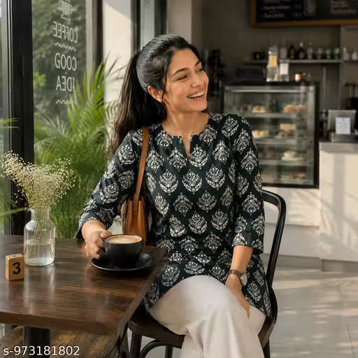 Women's Teal Green Printed Rayon Tunic Top | Elegant Keyhole Neck 3/4 Sleeve Casual & Office Wear