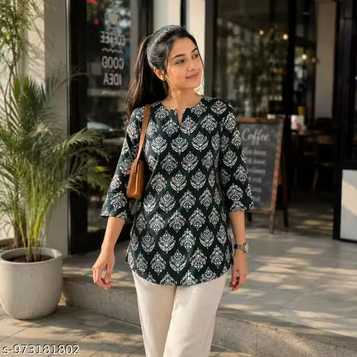 Women's Teal Green Printed Rayon Tunic Top | Elegant Keyhole Neck 3/4 Sleeve Casual & Office Wear