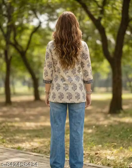 Women's Ethnic Printed Cotton Short Kurta Top | Stylish 3/4 Sleeve Casual, Office & Daily Wear Kurti