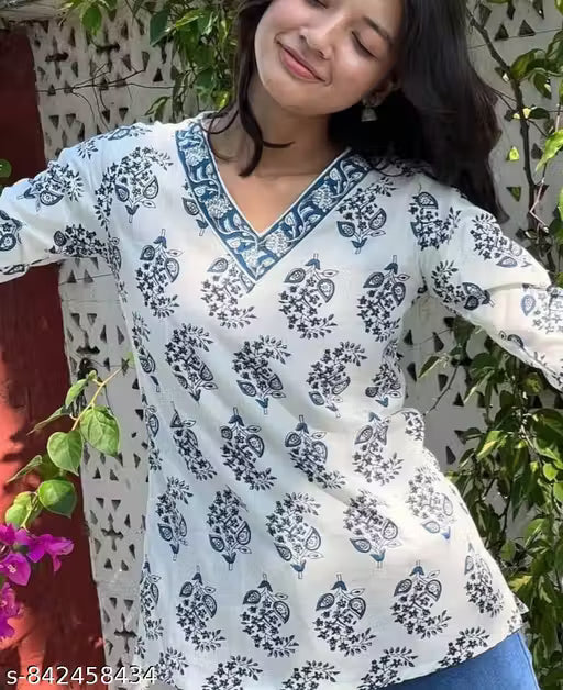 Women's Ethnic Printed Cotton Short Kurta Top | Stylish 3/4 Sleeve Casual, Office & Daily Wear Kurti