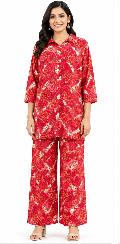 Women’s red printed co-ord set with 3/4 sleeve tie-waist top and matching wide-leg pants
