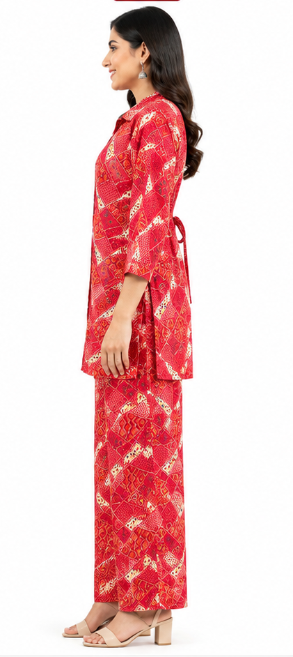 Women’s Red Printed Co-Ord Set with Tie-Waist Top & Wide-Leg Pants