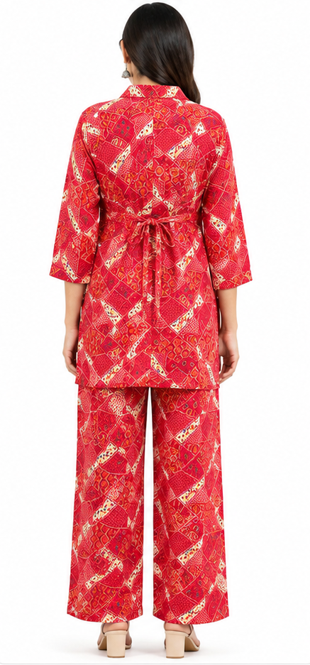 Women’s Red Printed Co-Ord Set with Tie-Waist Top & Wide-Leg Pants