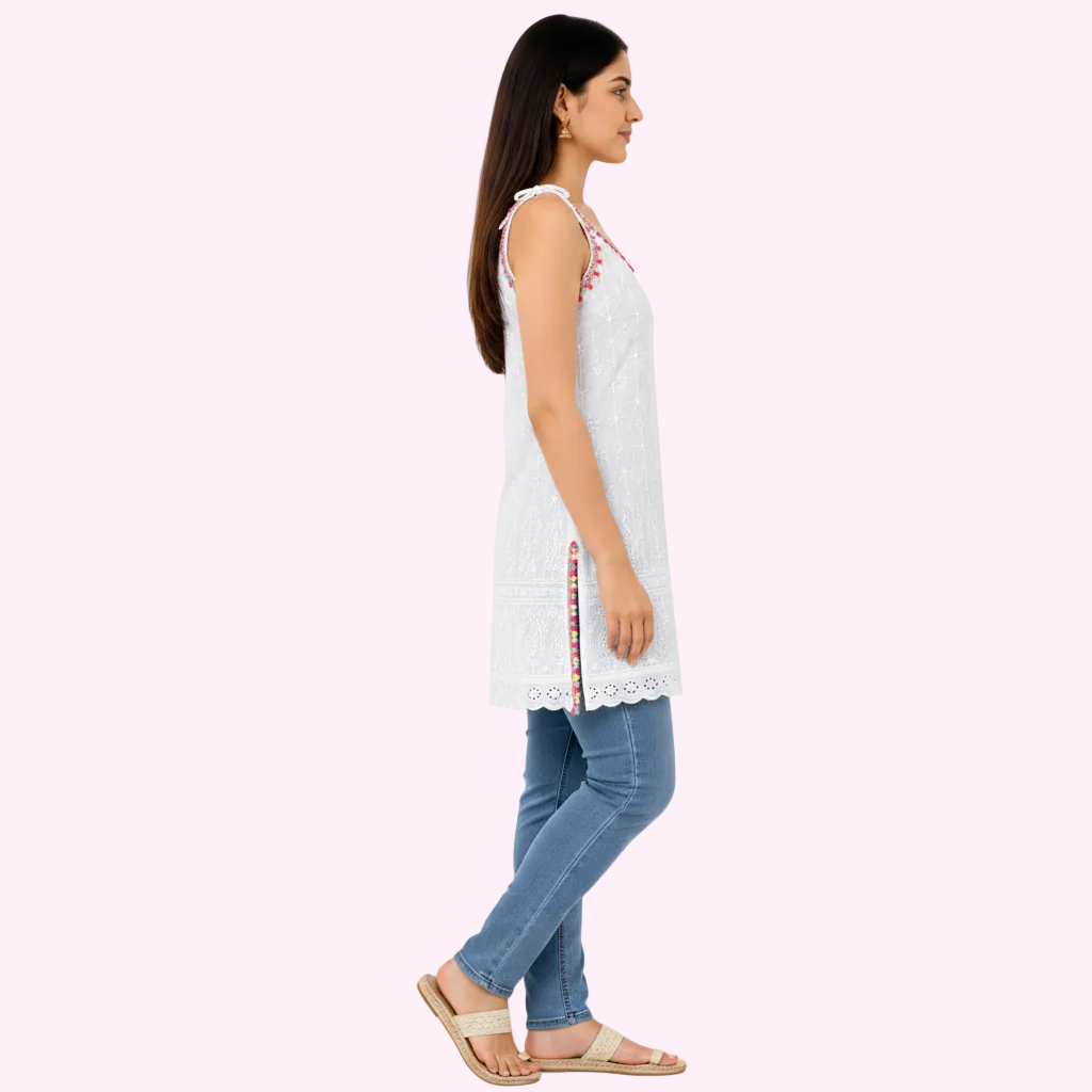 Women’s White Embroidered Sleeveless Tunic Top | Floral Thread Work & Lace Detail
