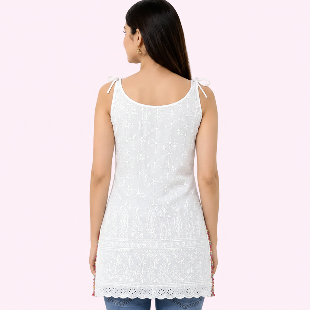 Women’s White Embroidered Sleeveless Tunic Top | Floral Thread Work & Lace Detail
