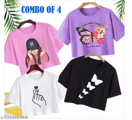 Women's Graphic Printed Crop T-Shirt Combo Pack of 4 | Cotton Blend Casual Short Sleeve Crop Tops